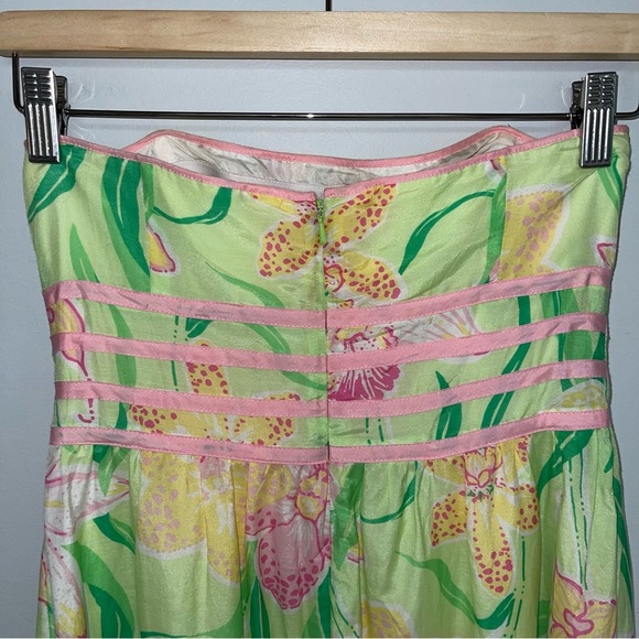 Lilly Pulitzer Dress Women's Size 8 US Green Pink Floral Silk Cotton Strapless‎ - Picture 6 of 10